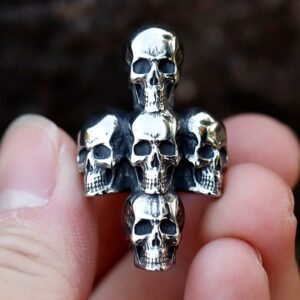 Vanna Cross Ring Five Skull Halloween Jewelry Rock Party Stainless Steel Unisex Ring