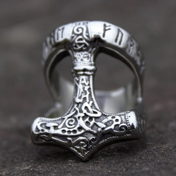Viking Mjolnir Thor's Hammer Trinity Knot Ring Mens Nordic Rune Stainless Steel Rings Amulet Jewelry